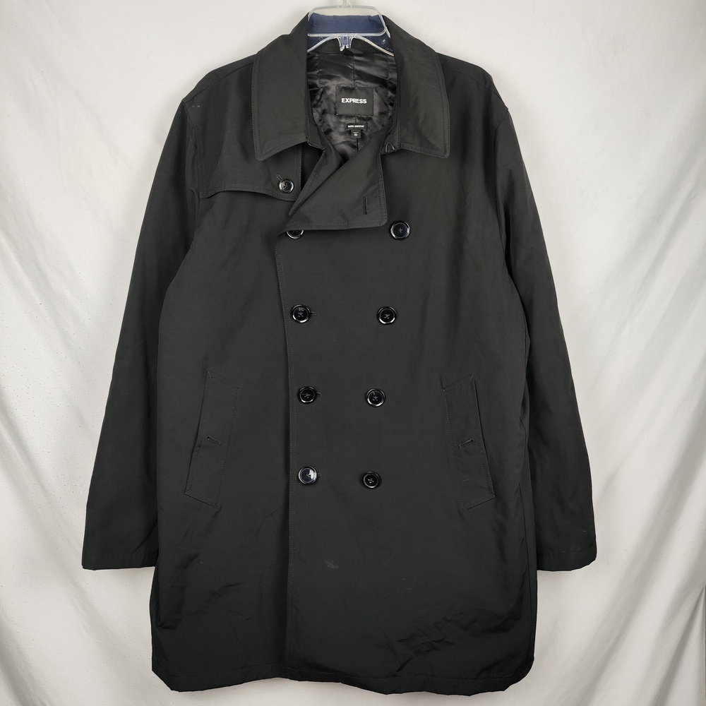 Express Coat Mens XL Black Water Resistant Trench Double Breasted Lined Padded